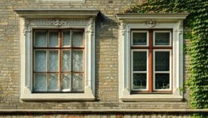 The image depicts a beautifully preserved historic building in Czechia renovated with landvac vacuum glazing in the windows