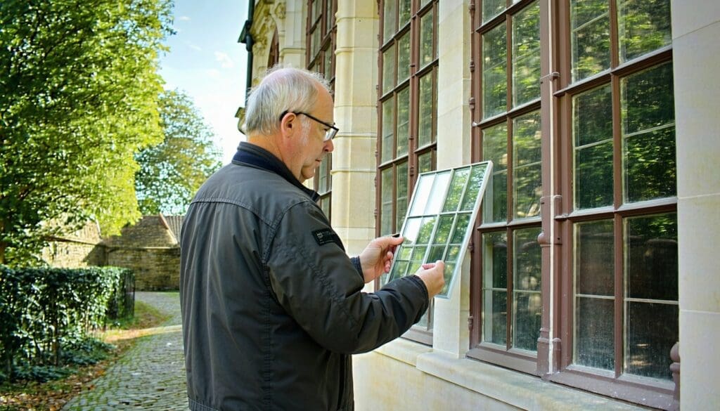 A window restoration expert in Poland inspects a piece of LandVac vacuum glass