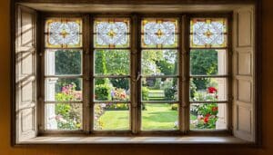 The image depicts a beautifully restored historic window in Czechia featuring a classic wooden frame with intricate molding and a rich warm finish The window has been refurbished with vacuum glazing