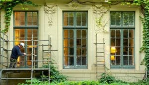 The image showcases a beautifully restored historic building featuring ornate narrow window frames restored with LandVac vacuum glazing in Czechia