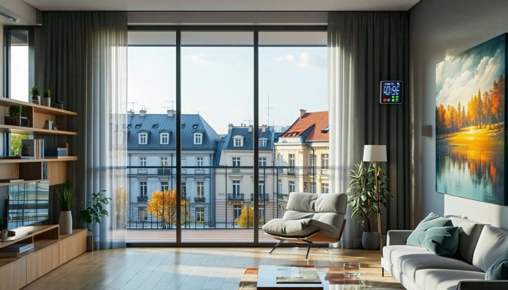 The image features a modern Romanian apartment building with a sleek faade showcasing a series of PVC windows that have been upgraded with LandVac vacuum glazing 