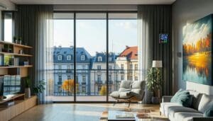 The image features a modern Romanian apartment building with a sleek faade showcasing a series of PVC windows that have been upgraded with LandVac vacuum glazing