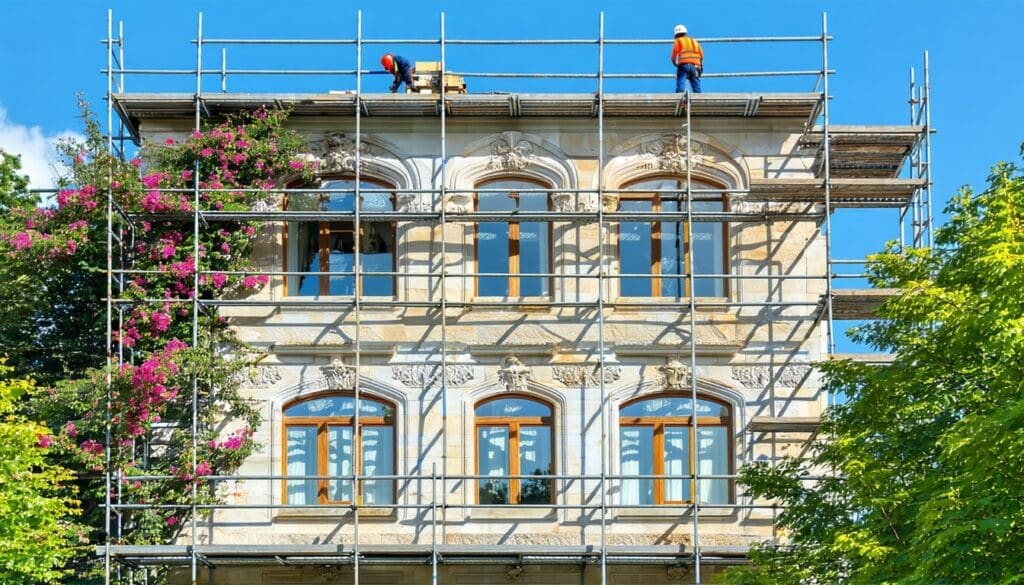 The image showcases a historic Ottoman villa in Istanbul undergoing window replacement with LandVac vacuum glazing