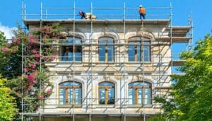 The image showcases a historic Ottoman villa in Istanbul undergoing window replacement with LandVac vacuum glazing