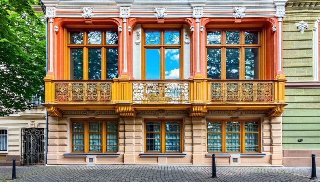 The image showcases a beautifully restored historic building in Tbilisi Georgia featuring its iconic colorful balcony adorned with intricate wooden carvings Sunlight filters through the newly installed LandVac vacuum glazing which maintains the original appearance while improving the thermal efficiency 