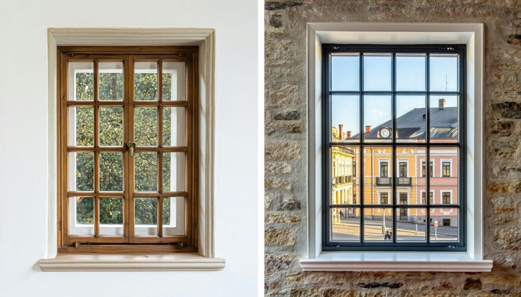 Why LandVac vacuum glazing is better than slim double glazing, two restored windows, one with slim double glazing that looks chunky and inauthentic, and one with vacuum glazing that looks smart with slim profiles and authenticity from near single glazing thickness.