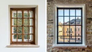 Why LandVac vacuum glazing is better than slim double glazing, two restored windows, one with slim double glazing that looks chunky and inauthentic, and one with vacuum glazing that looks smart with slim profiles and authenticity from near single glazing thickness.
