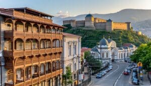 The image showcases a panoramic view of Tbilisi Georgia with its distinctive architecture blending historic and modern elements In the foreground intricately designed wooden balconies with vibrant colours overlook narrow winding streets