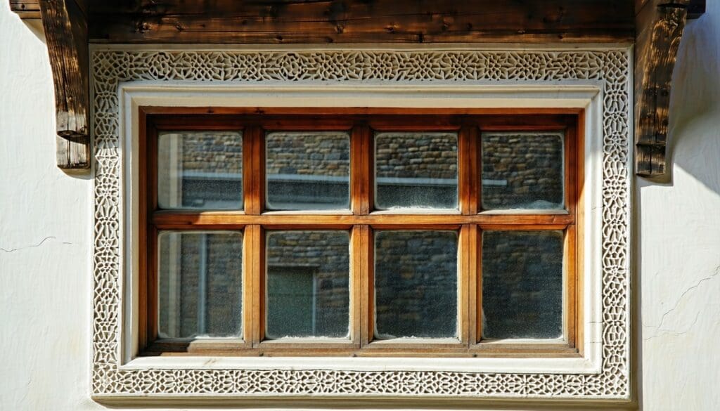 The image depicts Historic Replacement Windows in Turkey, a beautifully restored historic window in a traditional Turkish building  renovated with LandVac vacuum insulated glazing