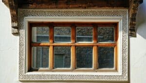 The image depicts Historic Replacement Windows in Turkey, a beautifully restored historic window in a traditional Turkish building renovated with LandVac vacuum insulated glazing