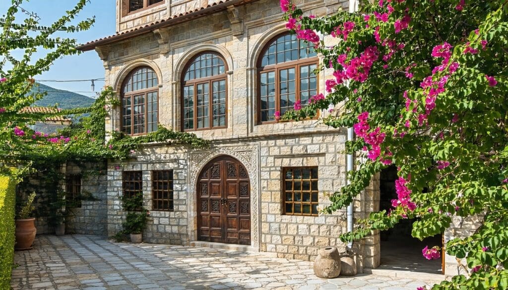 The image showcases a beautifully restored historic building in Turkey featuring traditional Ottoman architecture The facade is adorned with intricate wooden carvings and arched windows some of which have been expertly fitted with modern vacuum glazing