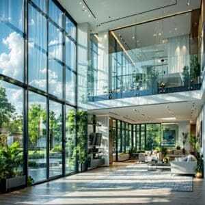 The image depicts a modern building featuring large PVC windows with sleek minimalist frames The windows are filled with advanced LandVac vacuum glazing which appears crystal clear reflecting the surrounding environment - Poprawa wydajności cieplnej okien PVC dzięki szybom próżniowym LandVac