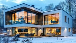 The image depicts a modern Lithuanian home with PVC windows showcasing a sleek design that blends seamlessly with its surroundings The windows are fitted with LandVac vacuum glazing visibly thinner than traditional double glazing enhancing the homes appeal and improving the thermal efficiency