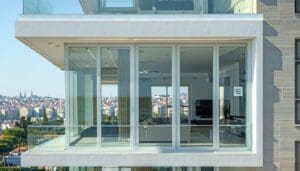 The image depicts a modern Turkish home featuring sleek white PVC windows that elegantly frame large clear panes of advanced LandVac vacuum insulated glass has been used to Upgrade PVC Windows in Turkey