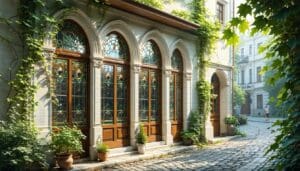 The image showcases an elegant historic Turkish townhouse distinguished by its arched wooden window frames and intricate leaded glasswork Sunlight filters through the clear singlepane vacuum glazing which is the best way of Preserving Turkey’s Historic Windows