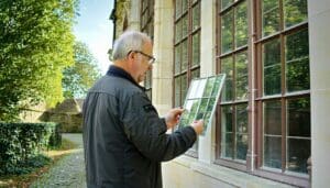 A window restoration expert in Poland inspects a piece of LandVac vacuum glass