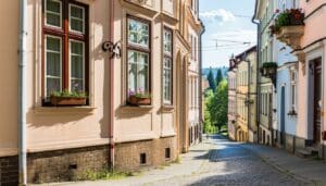 Double Glazing Retrofit for Historic Buildings in Romani - a traditional street in Romania with historic buildings retrofitted with landvac vacuum glazing