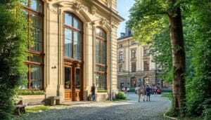 The image depicts a beautifully restored historic building in Romania showcasing elegant 19thcentury architecture with tall ornate windows refurbished with vacuum glazing