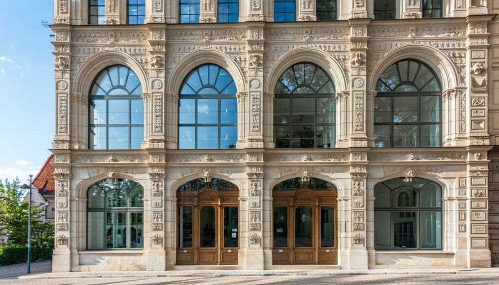 The image depicts a beautifully renovated historic building in the heart of a Czech city showcasing elegant architecture that blends seamlessly with modern elements