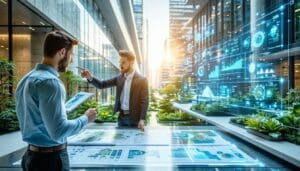 The image depicts a modern architectural setting showcasing buildings with large sleek glass facades with vacuum glazing in Czechia emphasizing the innovative use of vacuum glazing technology Sunlight filters through the crystalclear glass panels reflecting a vibrant urban landscape