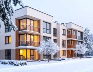 A modern Belarusian apartment building with energy efficient windows next to old inefficient double glazing