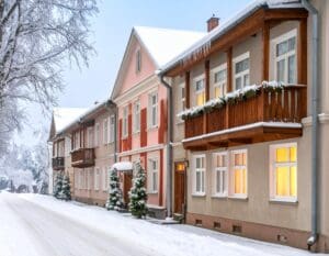 Glazing for Renovation - A side-by-side visual of an old Belarusian apartment building during winter