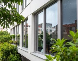 a modern building in a city in georgia with uPVC windows, it is raining and water beads on the windows and bounces off the glass