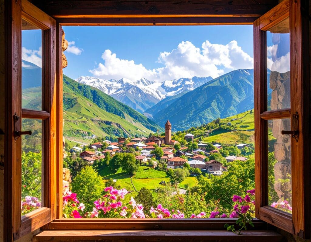 a town in the caucuses mountains, Georgia, seen through a traditional window with vacuum glazing
