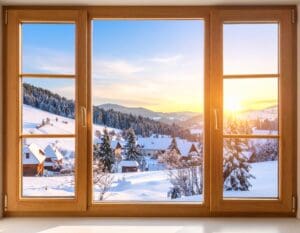 Modern vacuum double glazed window in a Romanian home showing clear glass and no condensation, with a snowy village landscape outside.