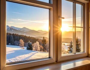 Detailný záber na vákuovo izolované sklo počas zimného rána na Slovensku