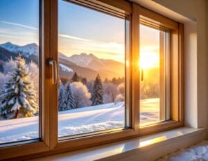 Close-up of vacuum-insulated glass on a winter morning in Slovakia