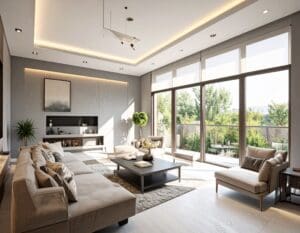 Stylish Armenian home interior with modern glazing windows creating comfort and natural light
